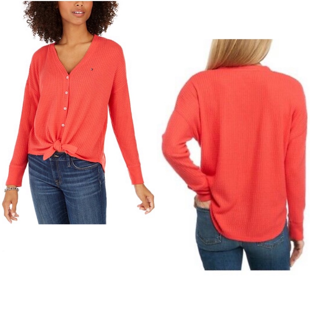 🟪Firm Price🟪 Tommy Hilfiger Tie-Hem V-Neck orange Top - Picture 8 of 17